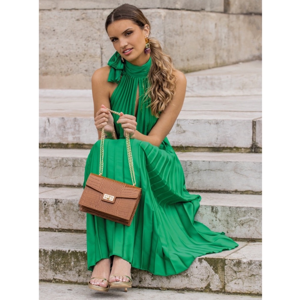 MANGO NWT BLOGGER FAVE Green Pleated Tie Neck Halter Midi Dress Sz 8 - Picture 7 of 17